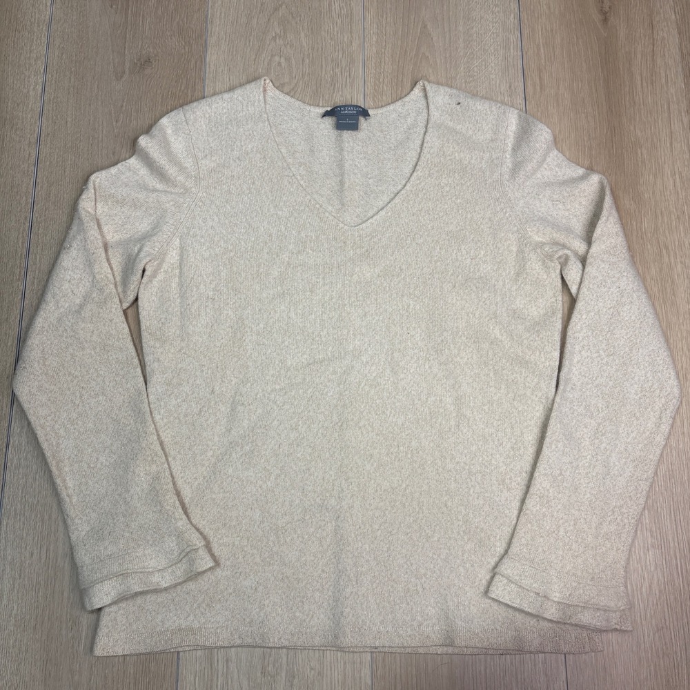Ann Taylor Cashmere Metallic Shimmer V-Neck Ruffle Cuff Sweater Cream Gold L